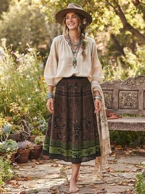 Asian Boho Sequin Flowy Cotton Skirt Size M  Hippie Goblincore Dainty Gypsy